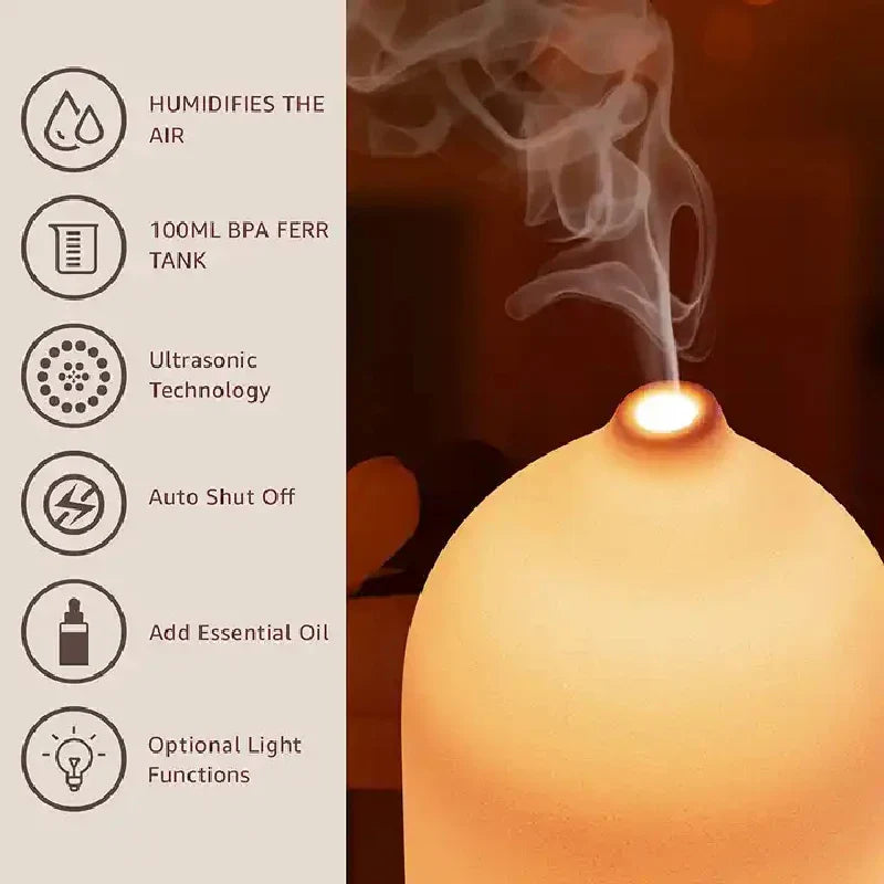 Aromisca Keramisk Aroma Diffuser | 100 ml Ultralyd Luftfukter | 7 LED Farger & Timer | Håndlaget Design | EU Støpsel Luvikno
