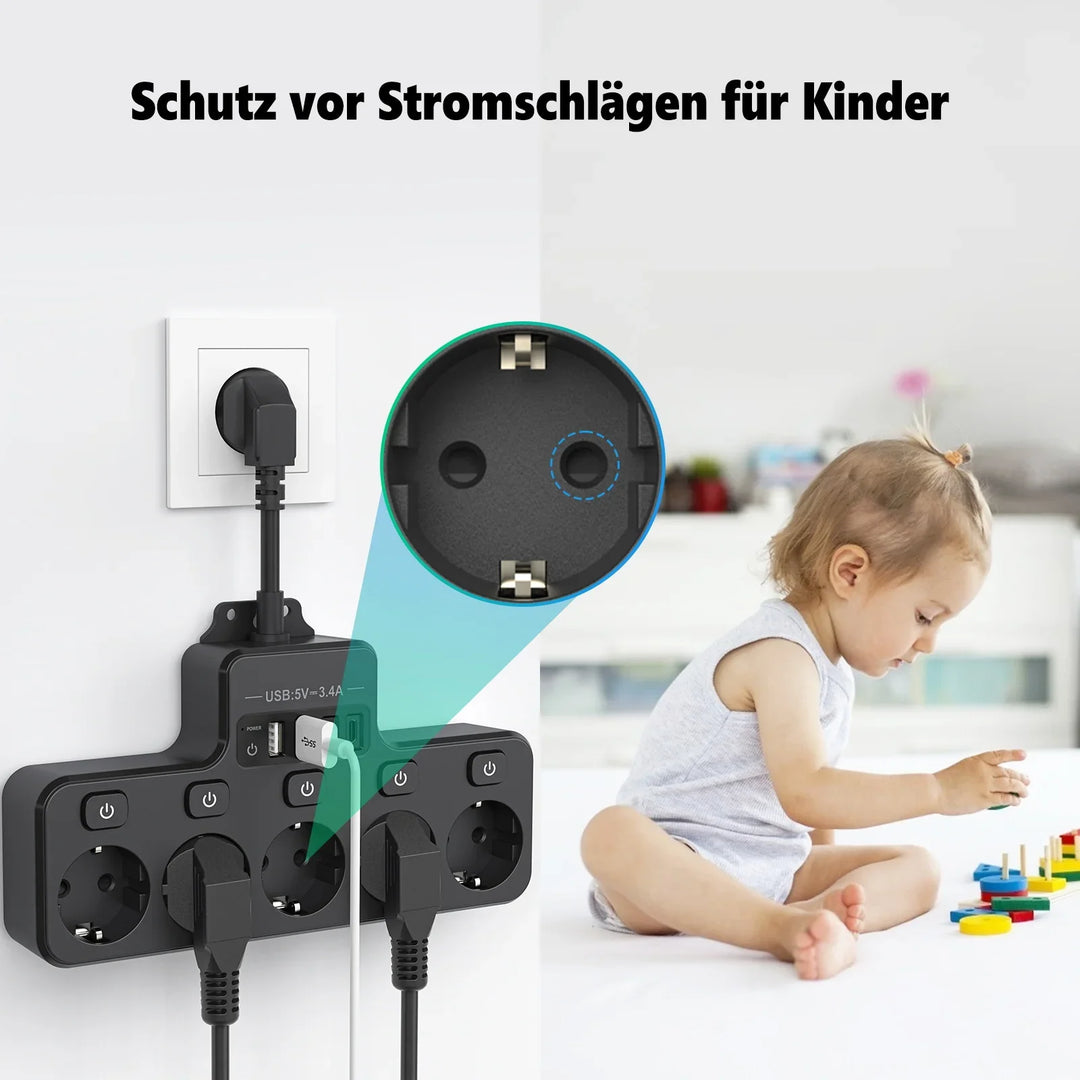 Voltaro Pro 9-i-1 | Strømskinne EU | 5 AC-utganger + 4 USB (2× Type-C) | Individuell bryter | 16A | Kort kabel 10 cm Luvikno