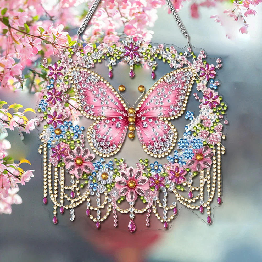 Luvikno | Sommerfuglanheng | 5D DIY Diamantmaling | Dobbelsidig akryl | Glitrende vindusdekorasjon