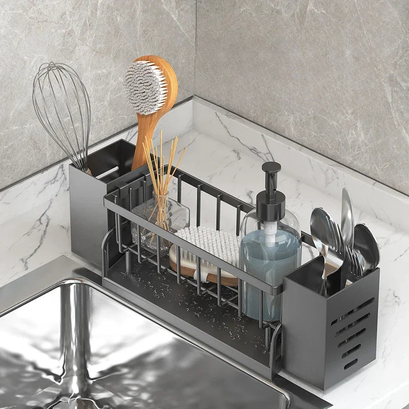Luvikno | Ordinaqua Vask Organisator Hylle | Selvdrenasje | Holder for Svamp, Såpe & Klut | Utvidbar & Hygienisk | ABS Plast