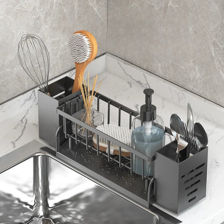 Luvikno | Ordinaqua Vask Organisator Hylle | Selvdrenasje | Holder for Svamp, Såpe & Klut | Utvidbar & Hygienisk | ABS Plast