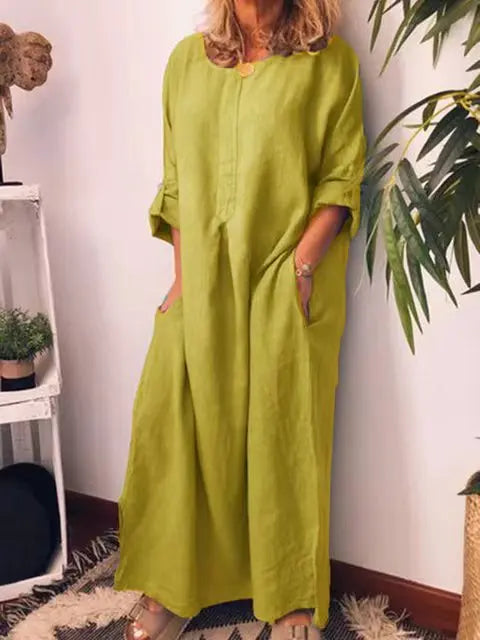Luvik | Vintage Puuvilla Pellava Pitkä Mekko