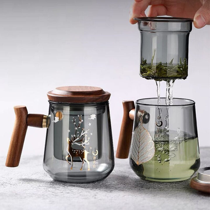 Premium Glass Tea Cup with Filter and Wooden Handle, 470ml | Luvikno