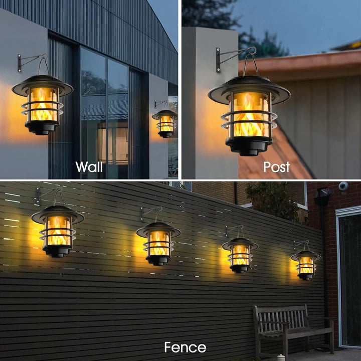 Luvikno | Flammora Solcelle Pendellampe med Flammeeffekt | IP65 Vanntett | Rustfritt Stål & Glass | For Hage, Gjerde & Terrasse