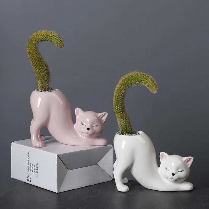 Søt katt blomsterpotte - Glasert porselen saftig planter | Luvikno