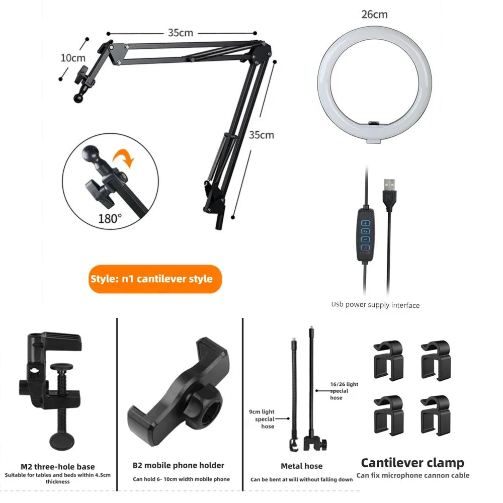 LumiFlex LED ring light med fleksibel arm & telefonholder | 3 lysfarger & USB-tilkobling | Perfekt for livestream, video & selfie Luvikno