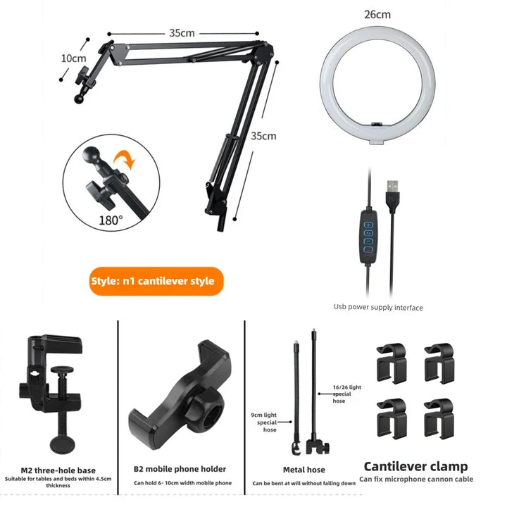 LumiFlex LED ring light med fleksibel arm & telefonholder | 3 lysfarger & USB-tilkobling | Perfekt for livestream, video & selfie Luvikno