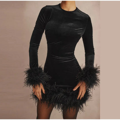 Luvik | Siroasti istuva mekko, jossa on höyhenkoristeet hihoissa