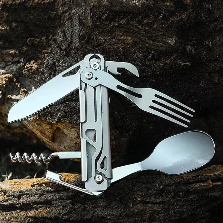 Luvikno | GearSpork Utendørs bestikk 6-i-1 | Sammenleggbart multifunksjonelt bestikk laget av rustfritt stål | Kniv, gaffel, skje, boksåpner & flaskeåpner | For camping & trekking