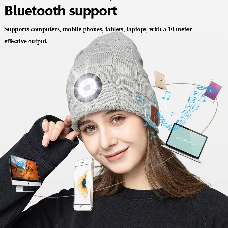 Trådløs Bluetooth Musikk Lue med Innebygde Hodetelefoner og LED Lys Luvikno
