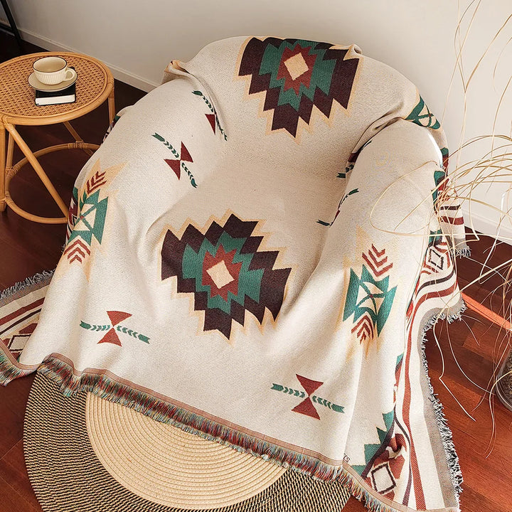 AztecaLoom Boho Teppe | XXL Aztec Kaste med Frynser | Southwestern Etno Stil | Vintage Kaste Teppe laget av Bomullsblanding Luvikno