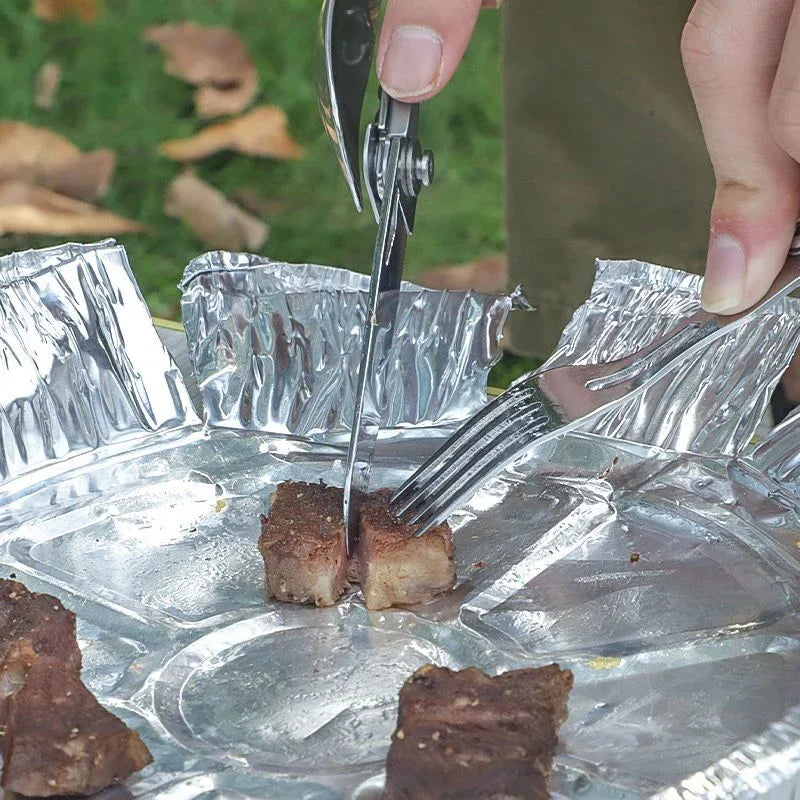 Luvikno | GearSpork Utendørs bestikk 6-i-1 | Sammenleggbart multifunksjonelt bestikk laget av rustfritt stål | Kniv, gaffel, skje, boksåpner & flaskeåpner | For camping & trekking