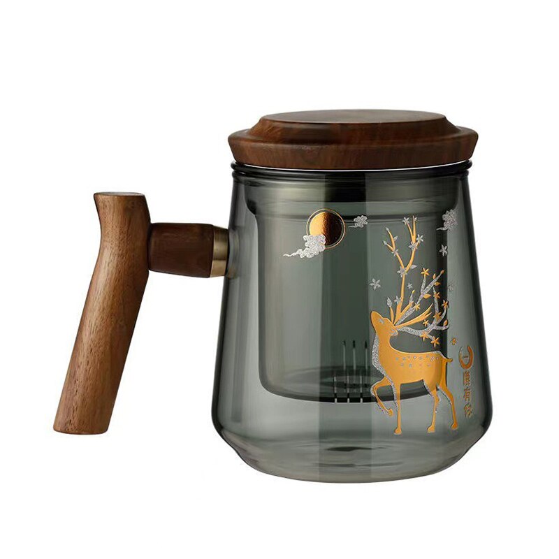 Premium Glass Tea Cup with Filter and Wooden Handle, 470ml | Luvikno