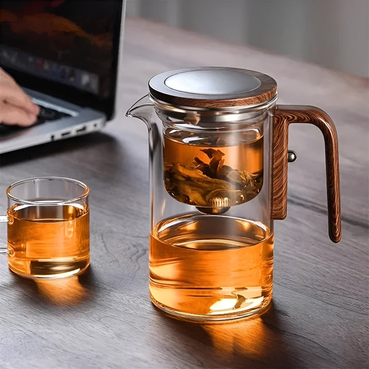 Glas tekanne med trebhandle – Én-klikks filter | Perfect for løs te & Puer | Luvikno