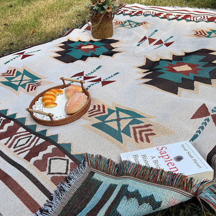 AztecaLoom Boho Teppe | XXL Aztec Kaste med Frynser | Southwestern Etno Stil | Vintage Kaste Teppe laget av Bomullsblanding Luvikno