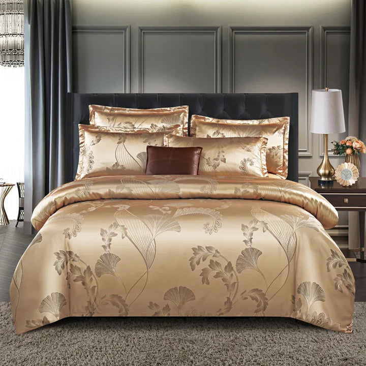 Luvikno | Luksuriøst Satin Rayon Jacquard Dynecover i Gull & Blå