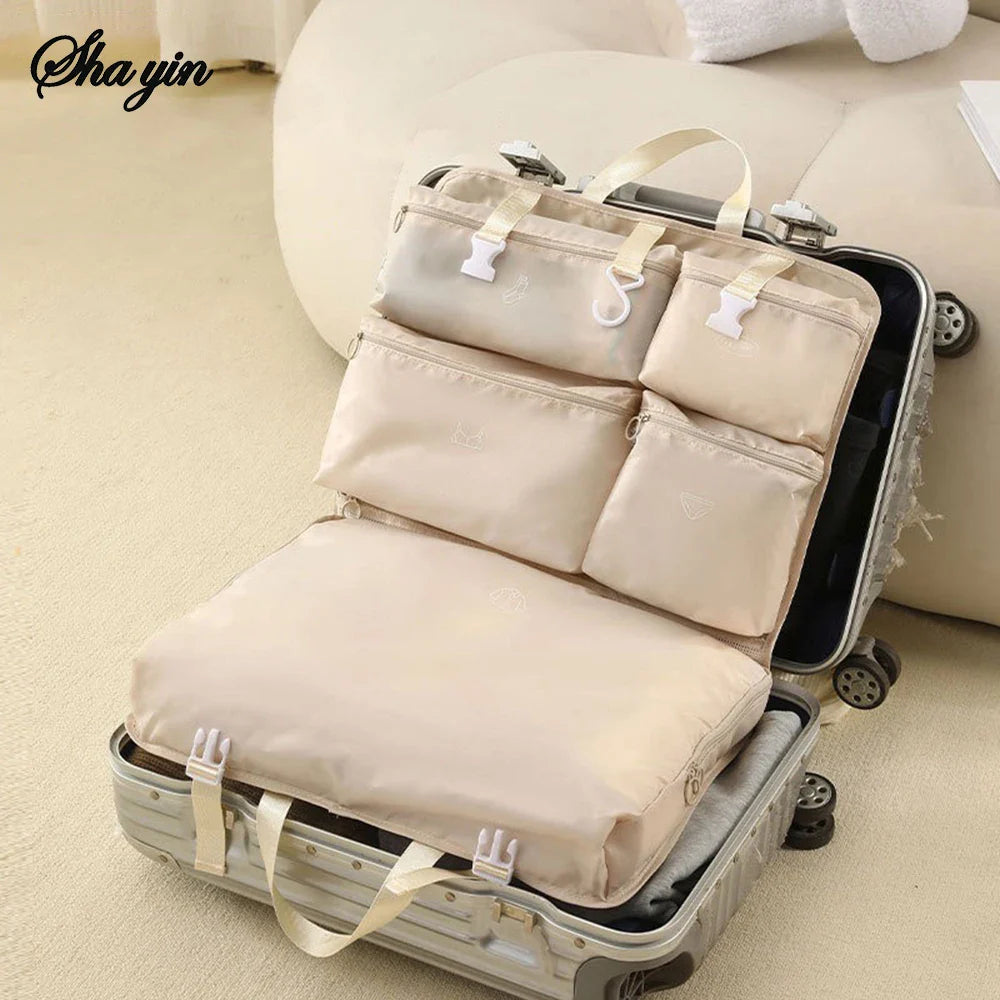 Luvikno | Travella 6-i-1 Sammenleggbar Reisesekk | Hengende & Bærbar | Multi Bag for Klær, Kosmetikk & Tilbehør | Grå/Beige/Rosa