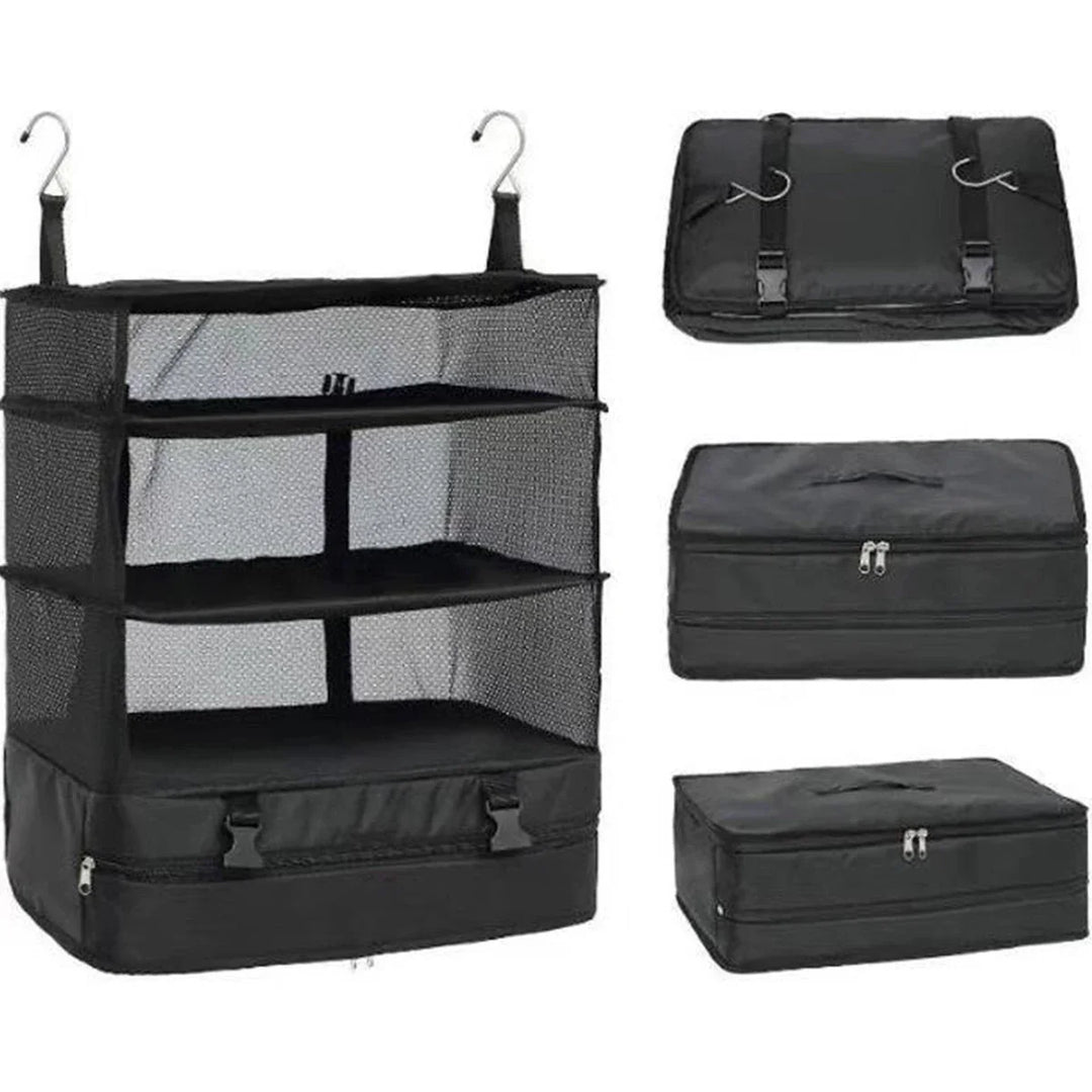 Luvikno | Packelier Koffert Organizer | Hengende Hylle for Reising | 3 Rom | Sammenleggbar & Vannavvisende | Svart