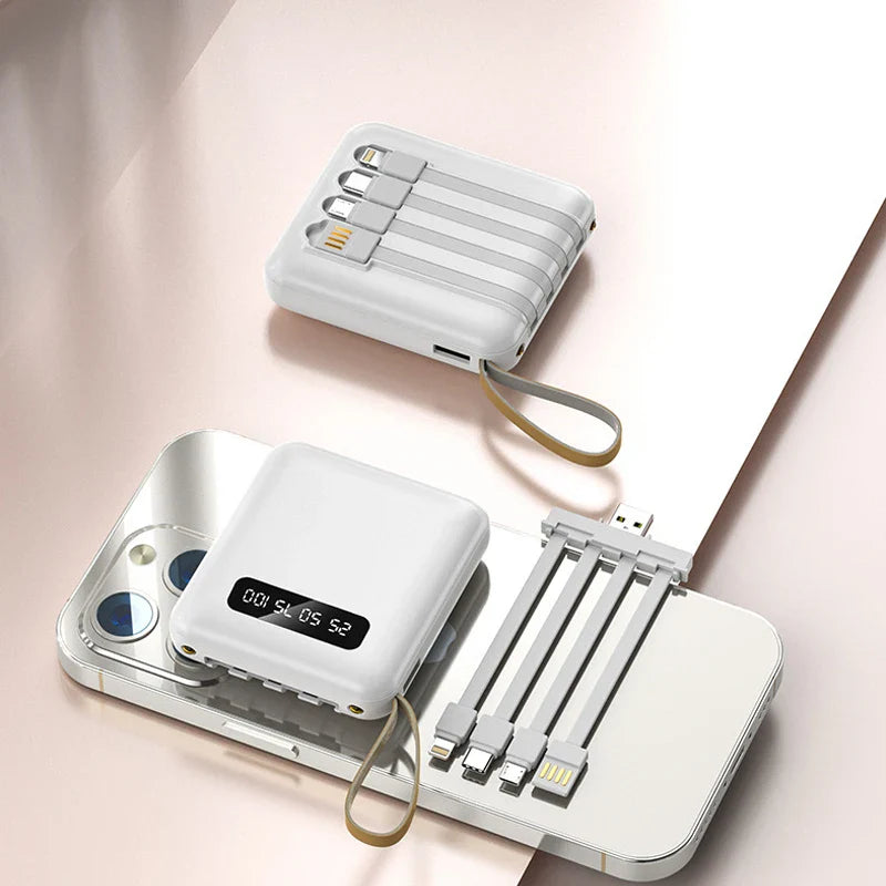 Luvikno | Mini Powerbank med Speildisplay | 20,000 mAh | Hurtigladingfunksjon & Integrerte Kabler | For iPhone, Samsung, Xiaomi & mer