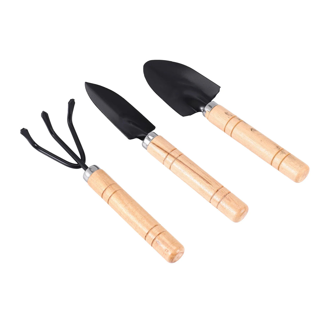 Luvikno | Planturio Mini Hageverktøysett 3-delt | Spade, Spade & Rive | Trehåndtak & Metallhode | For Bonsai & Stueplanter