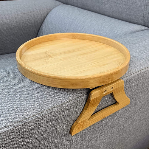 Bamboo Sofa Armrest Clip-On Round Tray | Luvikno