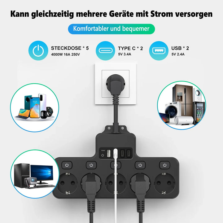 Voltaro Pro 9-i-1 | Strømskinne EU | 5 AC-utganger + 4 USB (2× Type-C) | Individuell bryter | 16A | Kort kabel 10 cm Luvikno