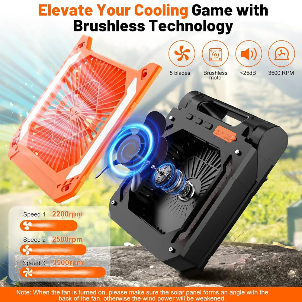 20000mAh Bærbar Elektrisk Vifte med LED Lys — USB, Sol & Bil Lading for Camping | Luvikno