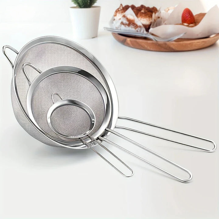 Luvikno | Rustfritt Stål Kjøkken Sil Sett ProSift MeshLine | 3-delt | Fin sil for mel, juice, soyamelk & pasta | 8/10/14 cm diameter