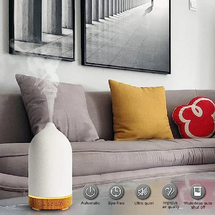 Aromisca Keramisk Aroma Diffuser | 100 ml Ultralyd Luftfukter | 7 LED Farger & Timer | Håndlaget Design | EU Støpsel Luvikno