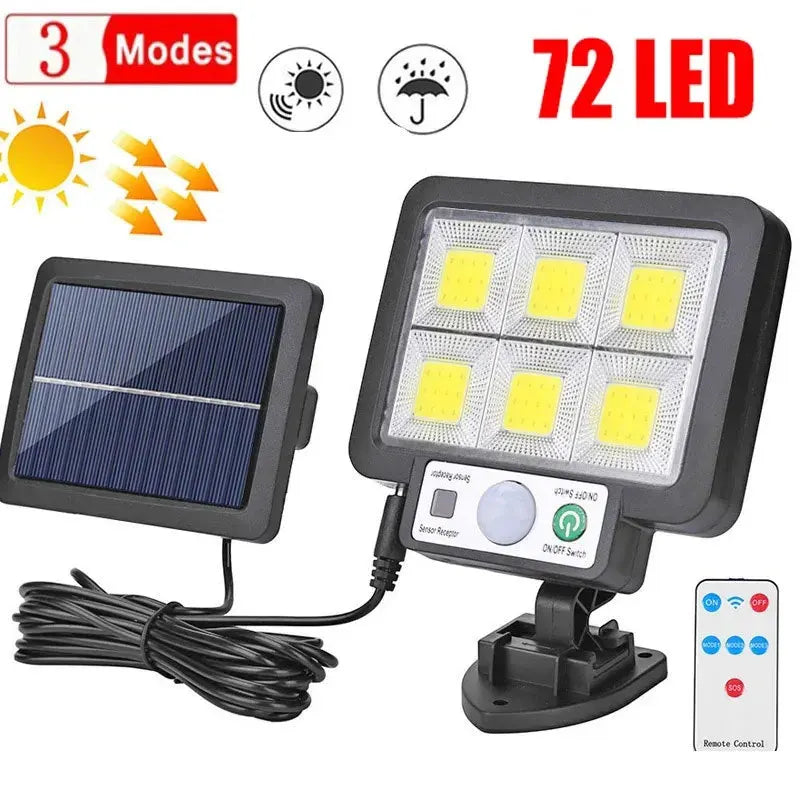 Luvikno | LumoVolt Sollys med bevegelsessensor | 72 COB LED-lamper | Fjernkontroll & 5 m solcellepanelkabel | 3 modi | IP65 værbestandig