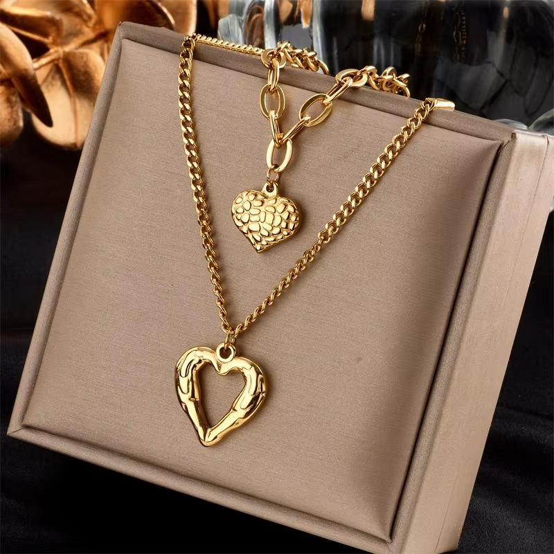 Chic Double-Layer Heart & Cuban Link Chain Choker Necklace Luvikno