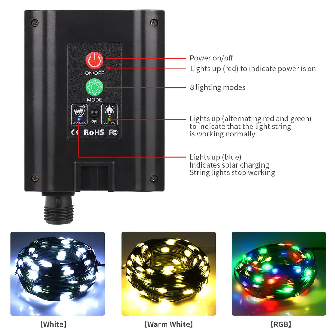 Luvikno | Solstrenger 100M LumiSol ProLine | 8 Moduser | IP65 Vannresistent | Ekstra Lyse LED-lamper | Fjernkontroll & Hurtiglading | For Hage, Bryllup & Jul