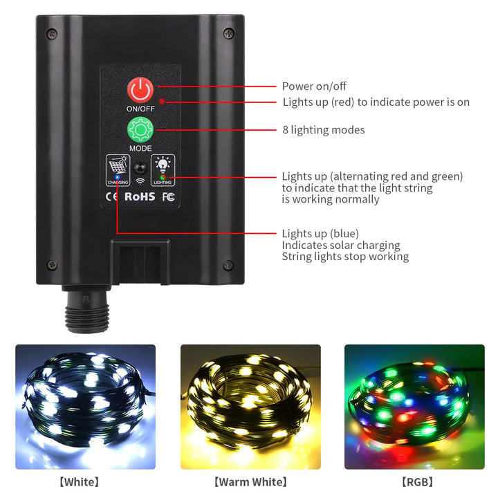 Luvikno | Solstrenger 100M LumiSol ProLine | 8 Moduser | IP65 Vannresistent | Ekstra Lyse LED-lamper | Fjernkontroll & Hurtiglading | For Hage, Bryllup & Jul