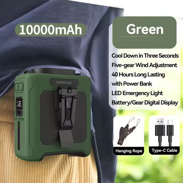 10000mAh Livstikkontaktvifte med Power Bank – Bærbar Håndfri Oppladbar Vifte | 5-Hastigheters Kjøling, Batteri Visning, USB Lading, Utendørs Bærbar Vifte | Luvikno