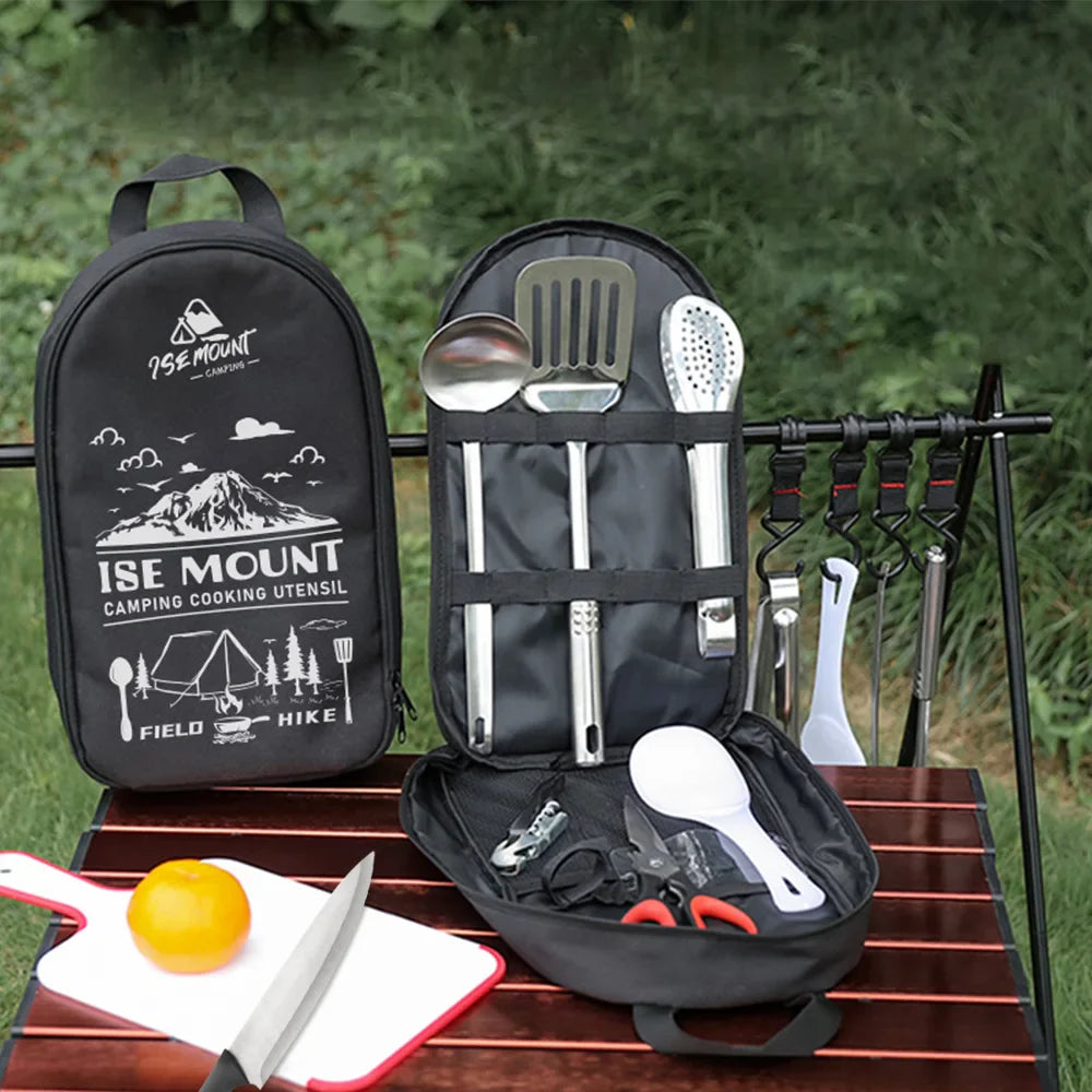 Luvikno | TerraChef AdventureKit Camping Kjøkkensett 9-delt | Inkl. oppbevaringspose | Rustfritt stål utendørs matlagingsutstyr | For camping, fotturer og grilling
