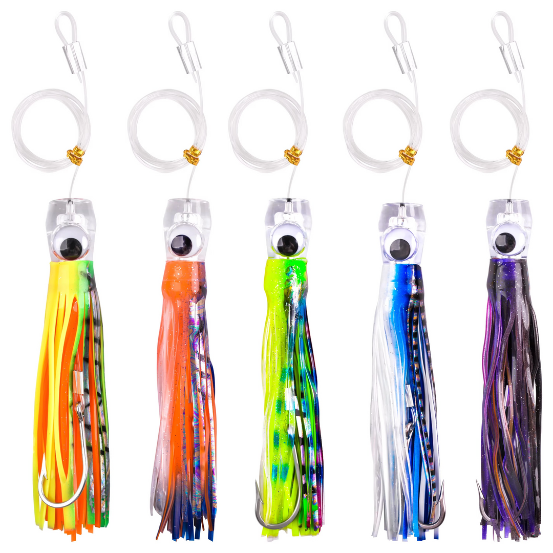 5pcs Rigged Trolling Skirt Tuna Lures for Mahi, Marlin, Shark and Wahoo – Big Game Saltwater Lures Luvikno