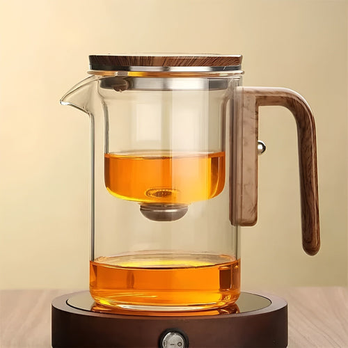Glas tekanne med trebhandle – Én-klikks filter | Perfect for løs te & Puer | Luvikno