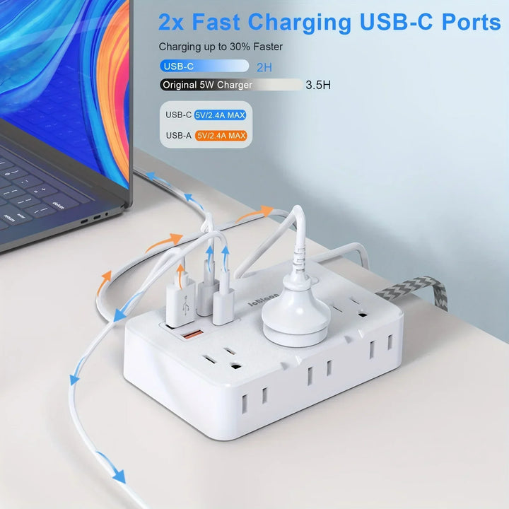 Smart home strømledning med USB hurtigopplading | US-plugg AC-utgang med vevd forlengelseskabel og nettverksfilter | Luvikno