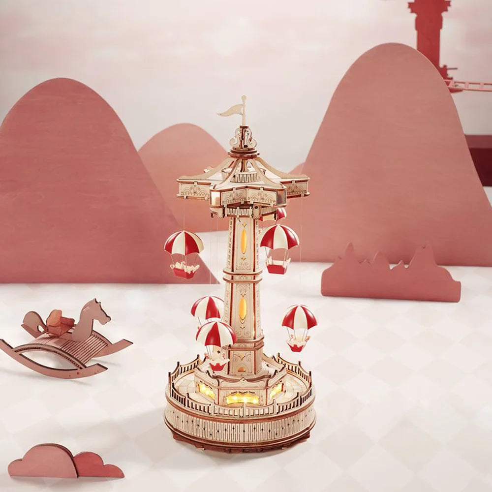 ROKR Parachute Tower Musikkboks | 3D Trepuzzle med Bevegelse & Lys | DIY Sett 184 Biter | Magisk Karneval for Barn & Voksne Luvikno