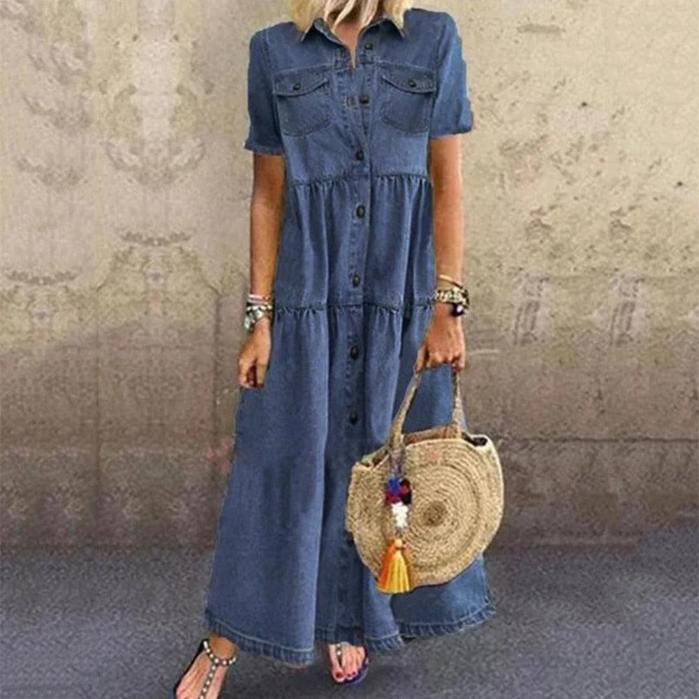 Luvik | Denim Maxi Mekko napituslistalla naisille