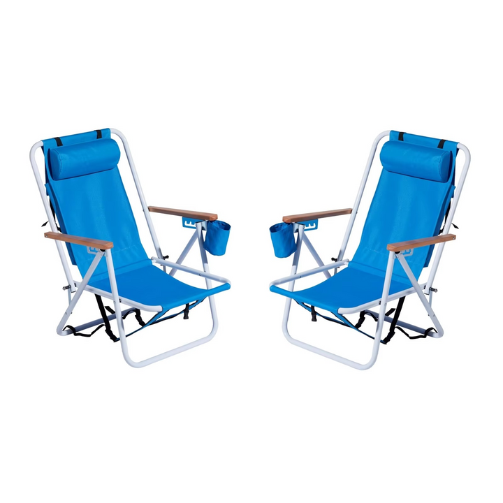2-Pack Sammenleggbare Høystyrke Strandstoler med Justerbart Hodefter – Blå Luvikno