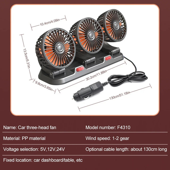 360° Justerbar Bilvifte - 3-Hodet Automotiv Elektrisk Vifte - USB/12V/24V - 2 Hastigheter - Stille Kjøling for Hjem, Skrivebord, Kontor & Bil | Luvikno