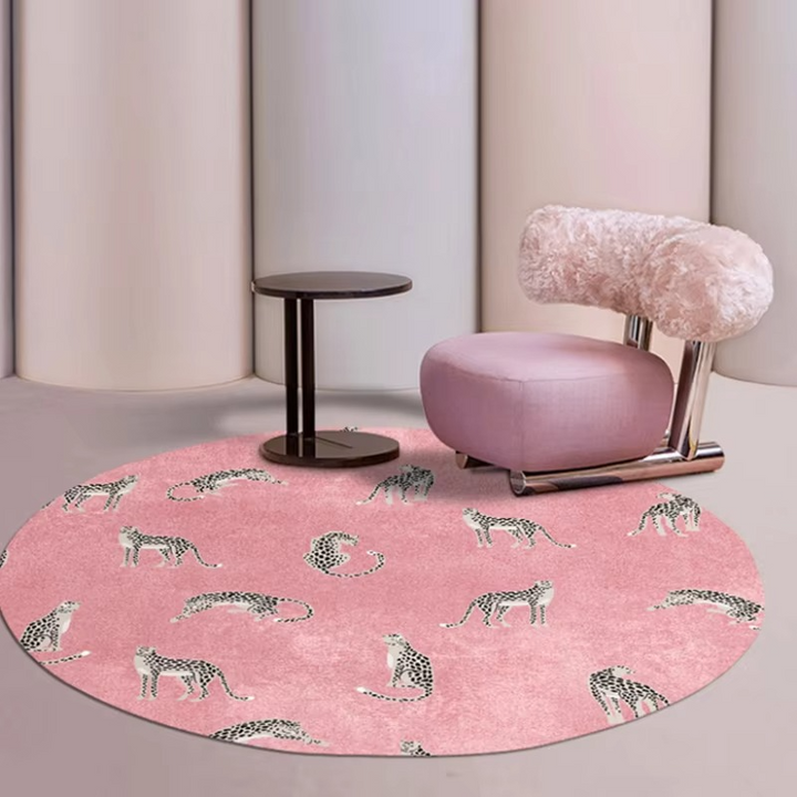 Plysj Rund Leopardmønster Område Rug – Myk Tyknet Gulvmatte for Soverom eller Stue Luvikno
