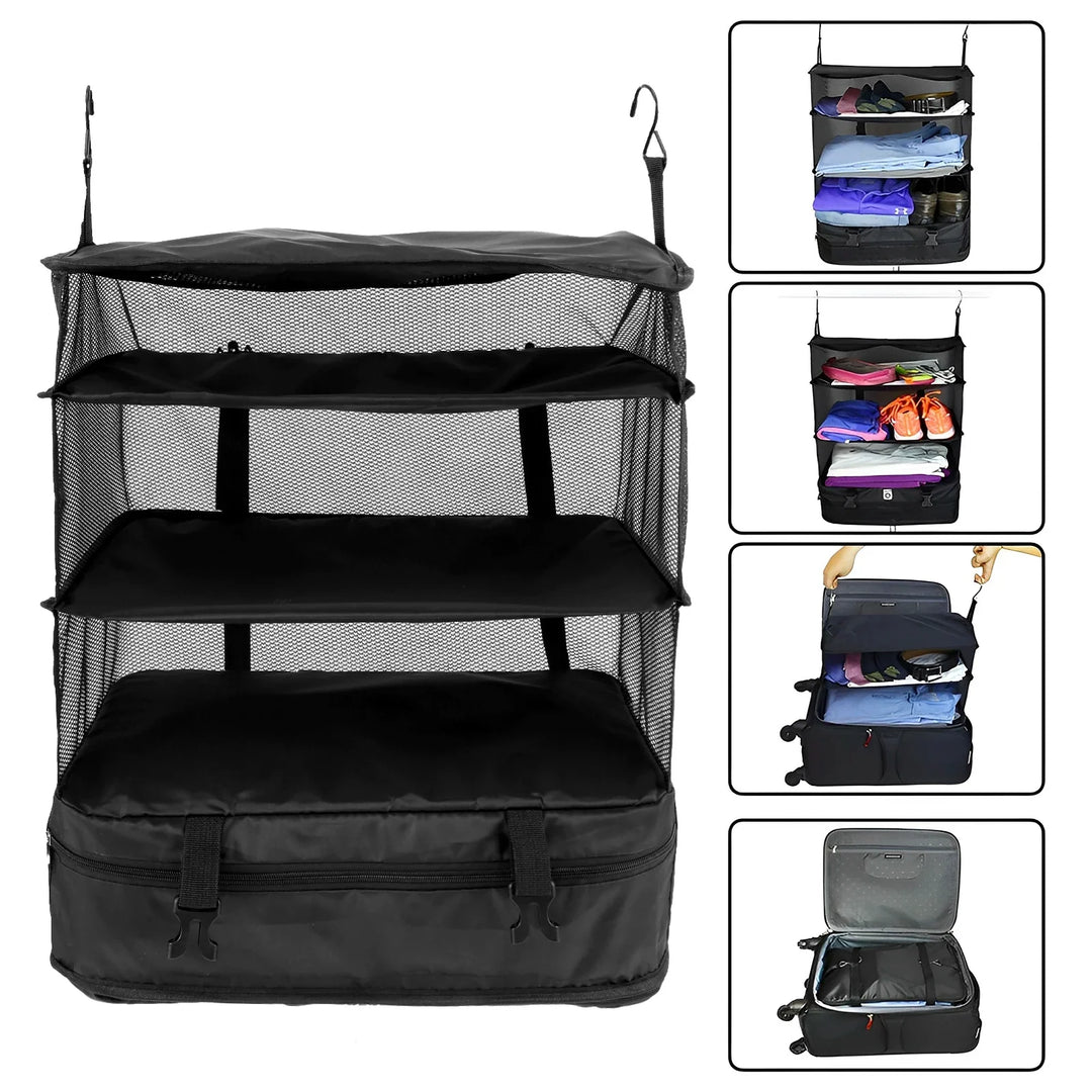 Luvikno | Packelier Koffert Organizer | Hengende Hylle for Reising | 3 Rom | Sammenleggbar & Vannavvisende | Svart