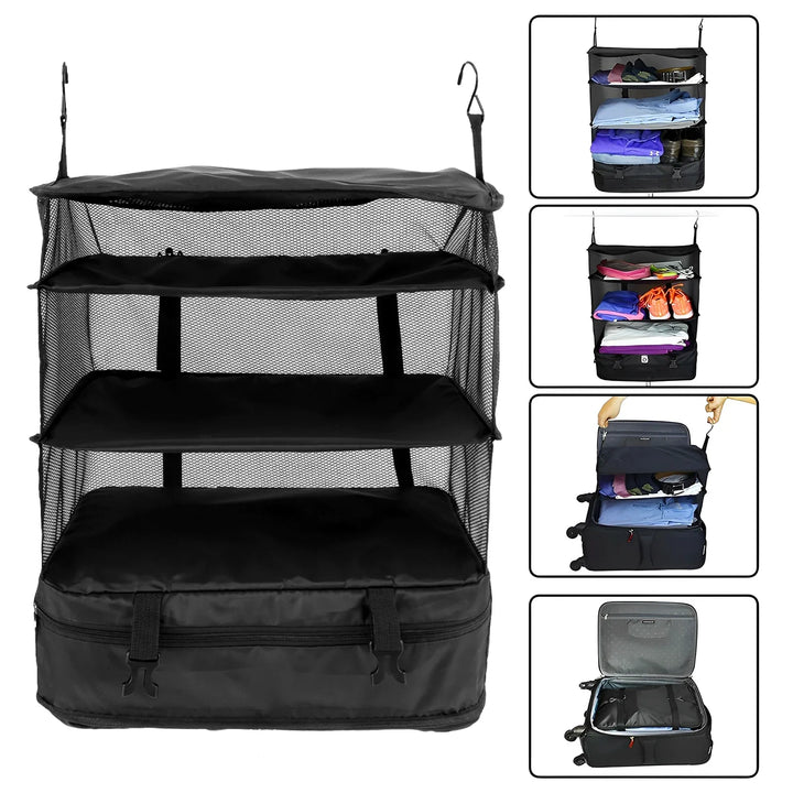 Luvikno | Packelier Koffert Organizer | Hengende Hylle for Reising | 3 Rom | Sammenleggbar & Vannavvisende | Svart