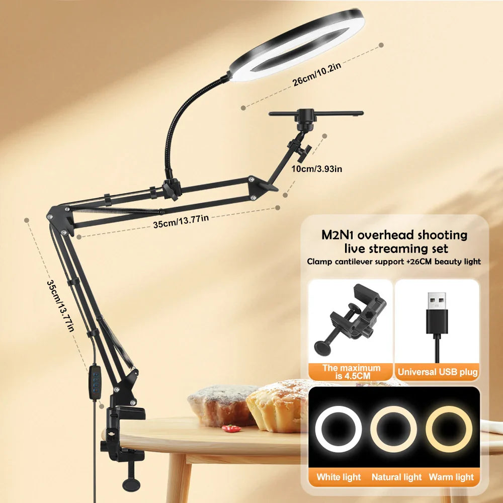 LumiFlex LED ring light med fleksibel arm & telefonholder | 3 lysfarger & USB-tilkobling | Perfekt for livestream, video & selfie Luvikno