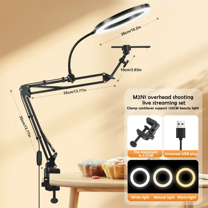 LumiFlex LED ring light med fleksibel arm & telefonholder | 3 lysfarger & USB-tilkobling | Perfekt for livestream, video & selfie Luvikno