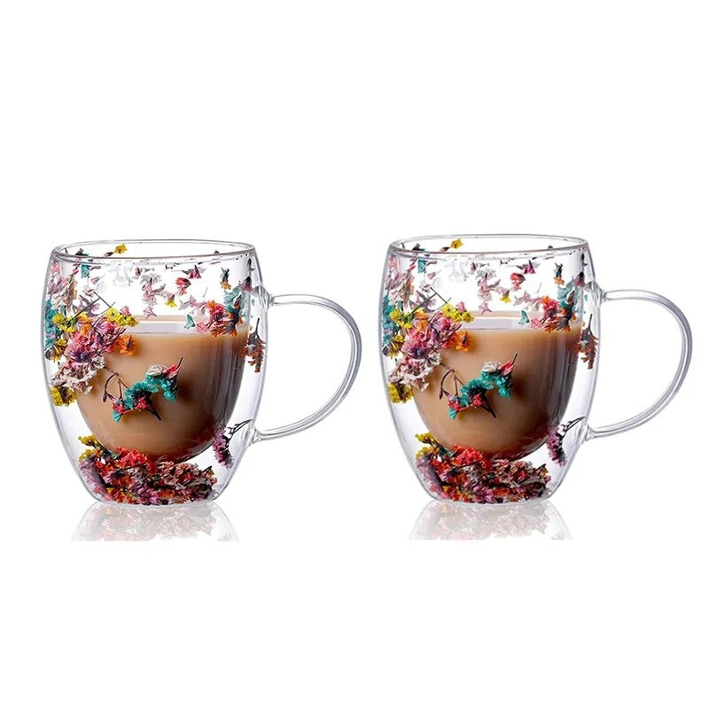2stk Tørkede Blomster Dobbelveggs Glasskopp