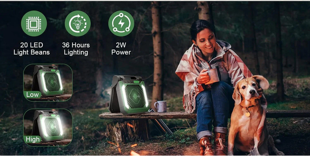 20000mAh Bærbar Elektrisk Vifte med LED Lys — USB, Sol & Bil Lading for Camping | Luvikno