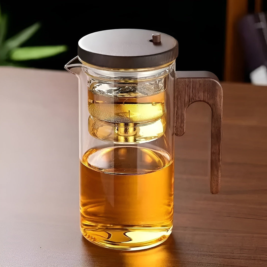 Glas tekanne med trebhandle – Én-klikks filter | Perfect for løs te & Puer | Luvikno